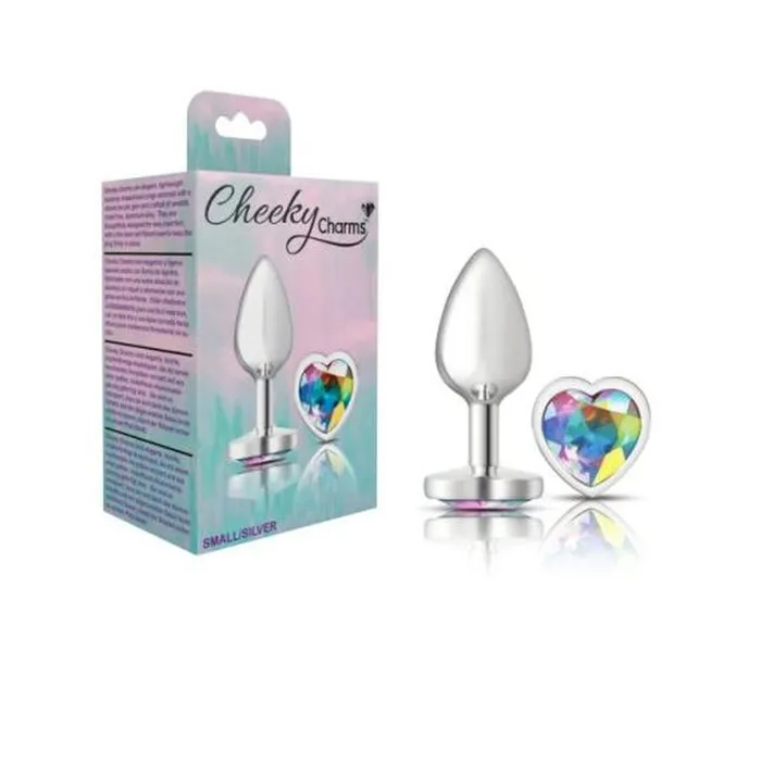 Cheeky Charms Anal Cheeky Charms Silver Metal Butt Plug w Heart Clear Jewel Small