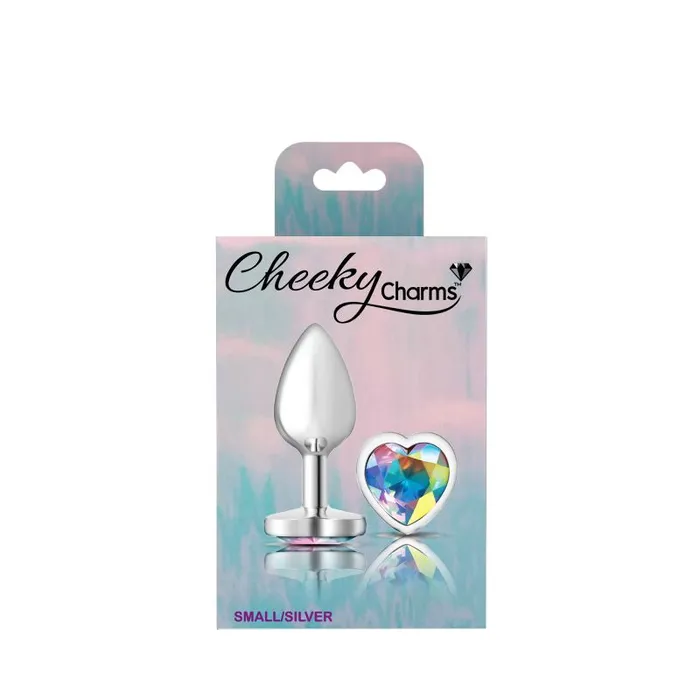 Cheeky Charms Anal Cheeky Charms Silver Metal Butt Plug w Heart Clear Jewel Small