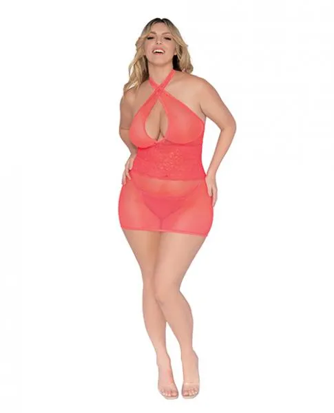 Couples Simply Sexy Red Diamond Simply Sexy Stretch Fishnet Lace Chemise WOpen Back G String Coral Qn