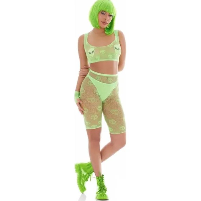 Dildos Out of This World Green Bodysuit Set with Alien Pasties Green Pink Lipstick