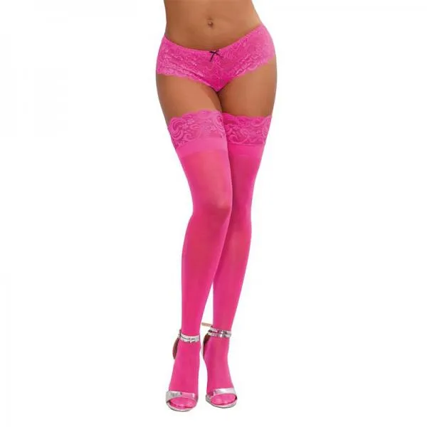 Dreamgirl Vibrators Dreamgirl Neon Pink Sheer Thigh High Stockings With Silicone Lace Top Pink Os