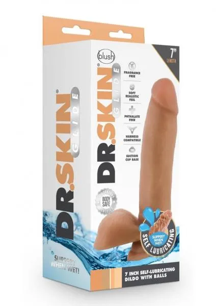 Female Sex Toys Blush Dr Skin Glide Self Lubricating Dildo With Balls 7 In Mocha