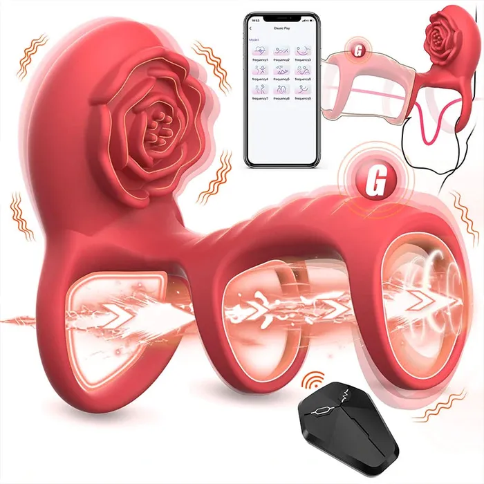 OOTYEMO Remote Control Rose 3Section Cock Ring Male Sex Toys