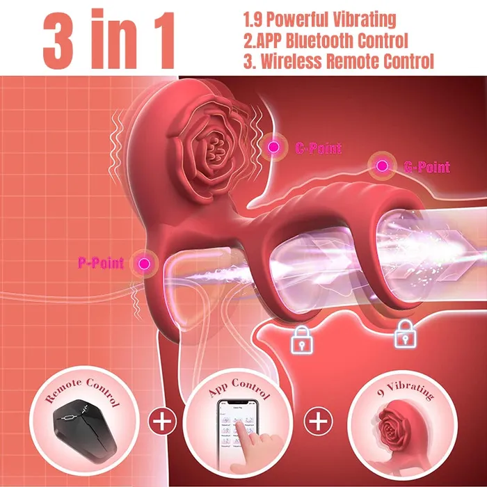 OOTYEMO Remote Control Rose 3Section Cock Ring Male Sex Toys