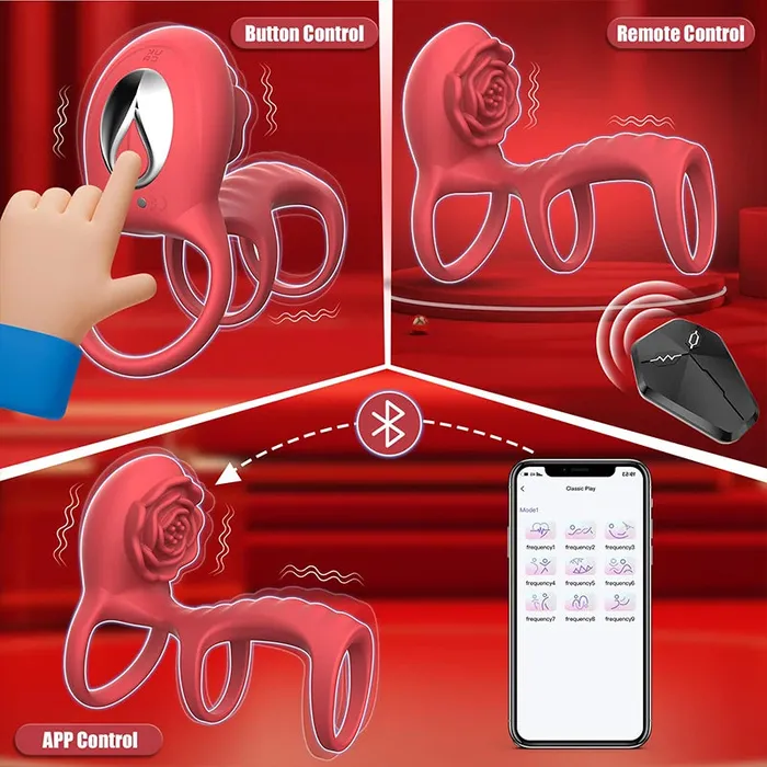 OOTYEMO Remote Control Rose 3Section Cock Ring Male Sex Toys