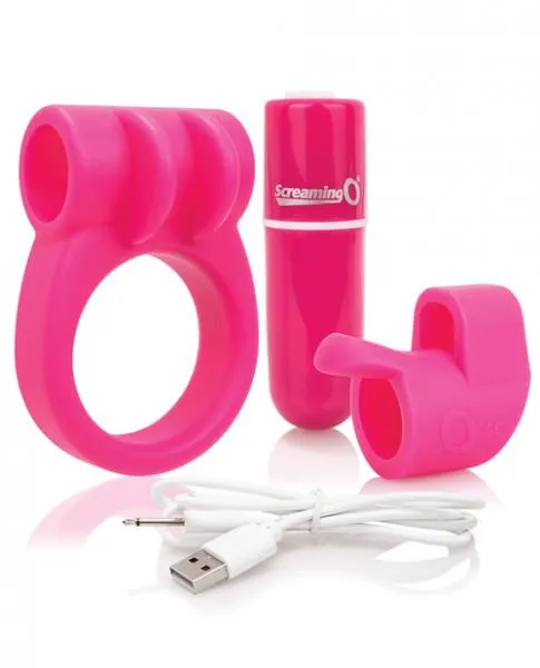 Screaming O Charged Combo Kit 1 Cock Ring Finger Sleeve Pink Male Sex Toys