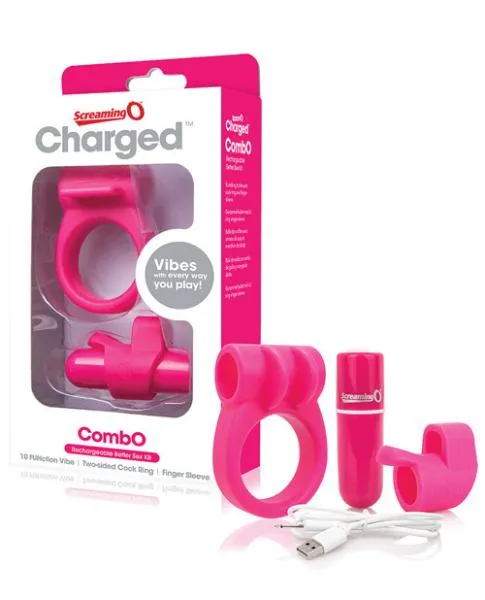 Screaming O Charged Combo Kit 1 Cock Ring Finger Sleeve Pink Male Sex Toys