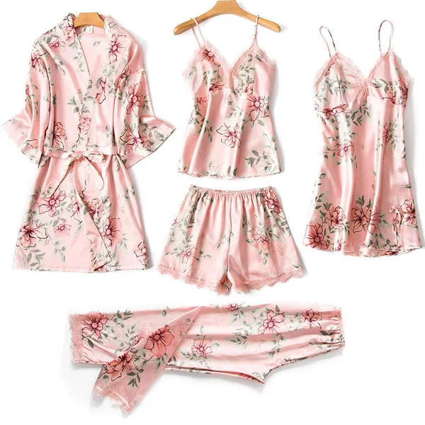 sextoypremium Couples 2020 5PCS SEXY LINGERIE WOMEN SILK LACE PAJAMA SETS TRIM SATIN CAMI TOPS ROBE BABYDOLL SLEEPWEAR NIGHTDRESS PAJAMAS SETS