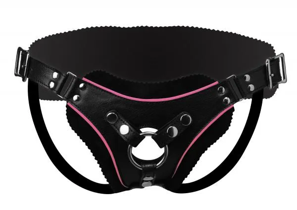 Strict Leather Female Sex Toys Low Rise Leather Strap On Dildo Harness With Pink Accents