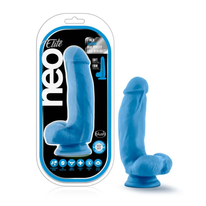 Vee International Inc Blush Dildos Blush Neo Elite 7 in Silicone Dual Density Dildo with Balls Suction Cup Neon Blue