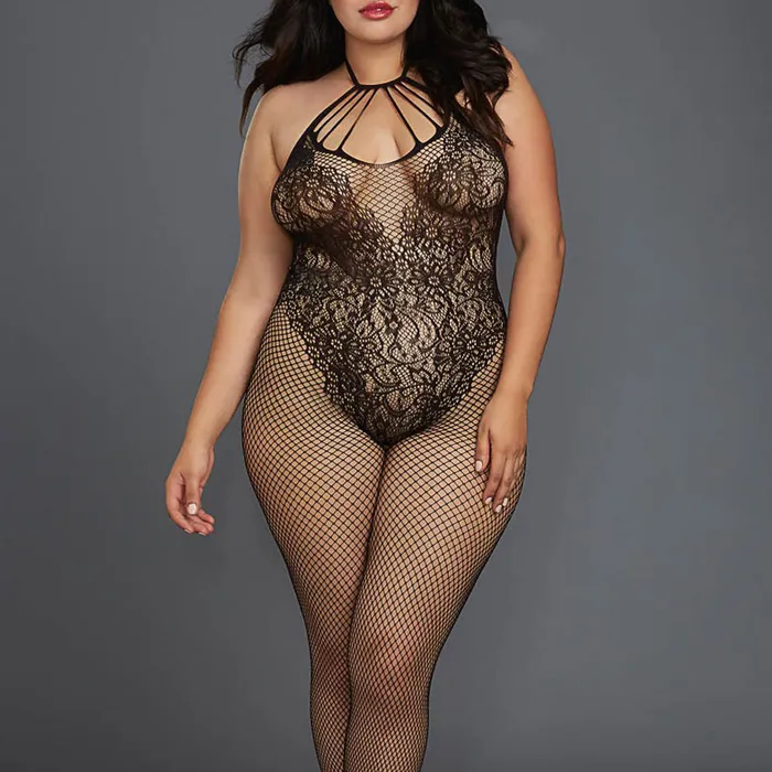 Bodystockings Playsuits Sexessories Dreamgirl Halter Fishnet Bodystocking W Lace Teddy Design Style 0326X