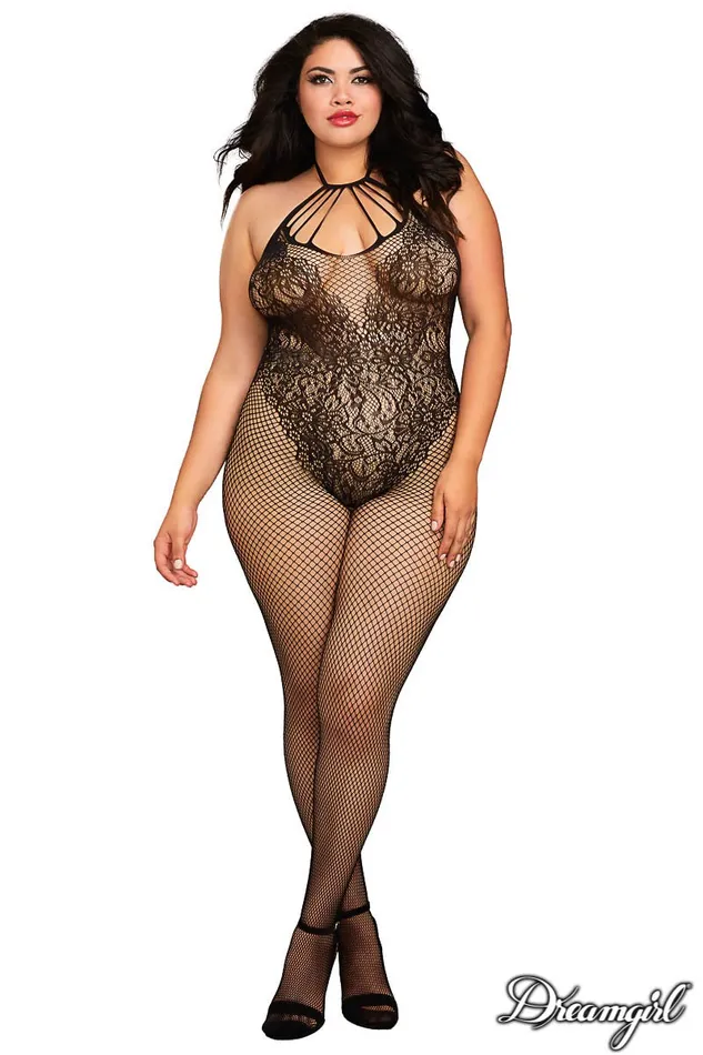 Bodystockings Playsuits Sexessories Dreamgirl Halter Fishnet Bodystocking W Lace Teddy Design Style 0326X