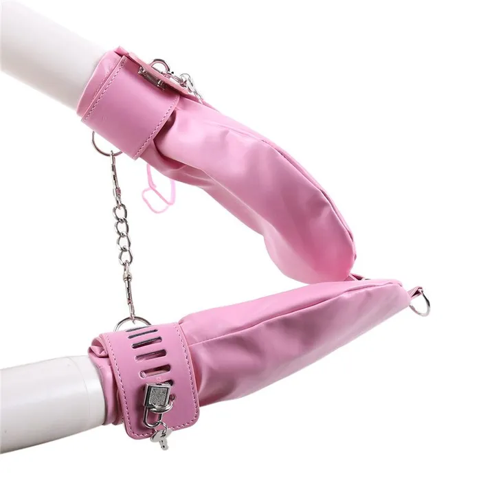 BDSM PU Bondage Puppy Play Mittens Dog Gloves Adjustment Restraint with Lockable Cuffs Pink GN Couples