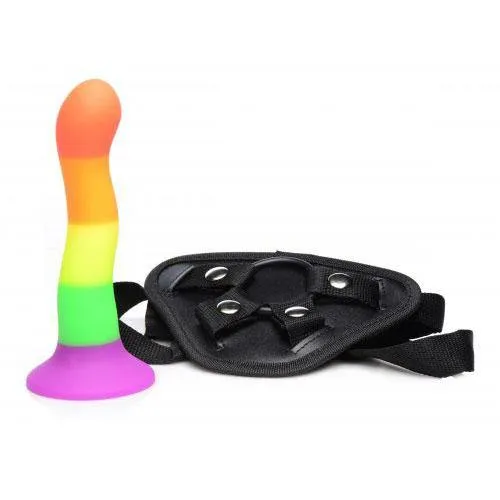 Female Sex Toys Proud Rainbow Silicone Dildo with Harness XR Brands