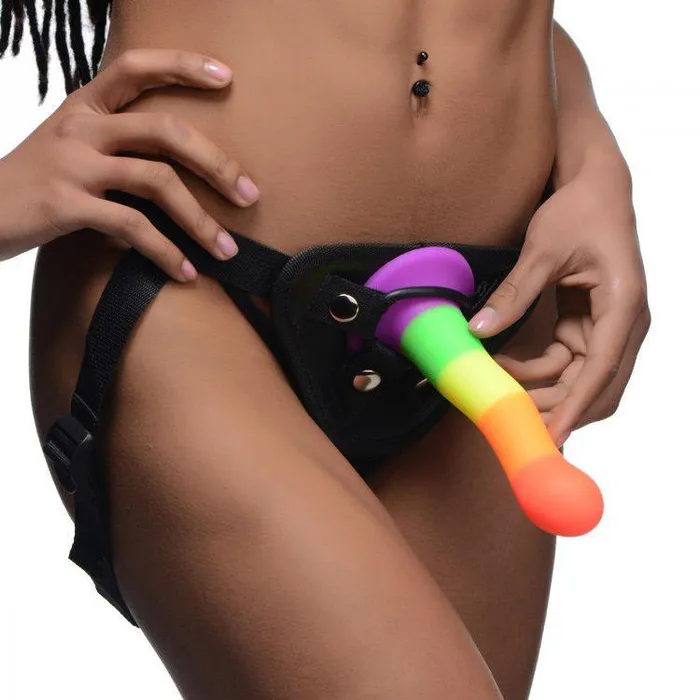 Female Sex Toys Proud Rainbow Silicone Dildo with Harness XR Brands